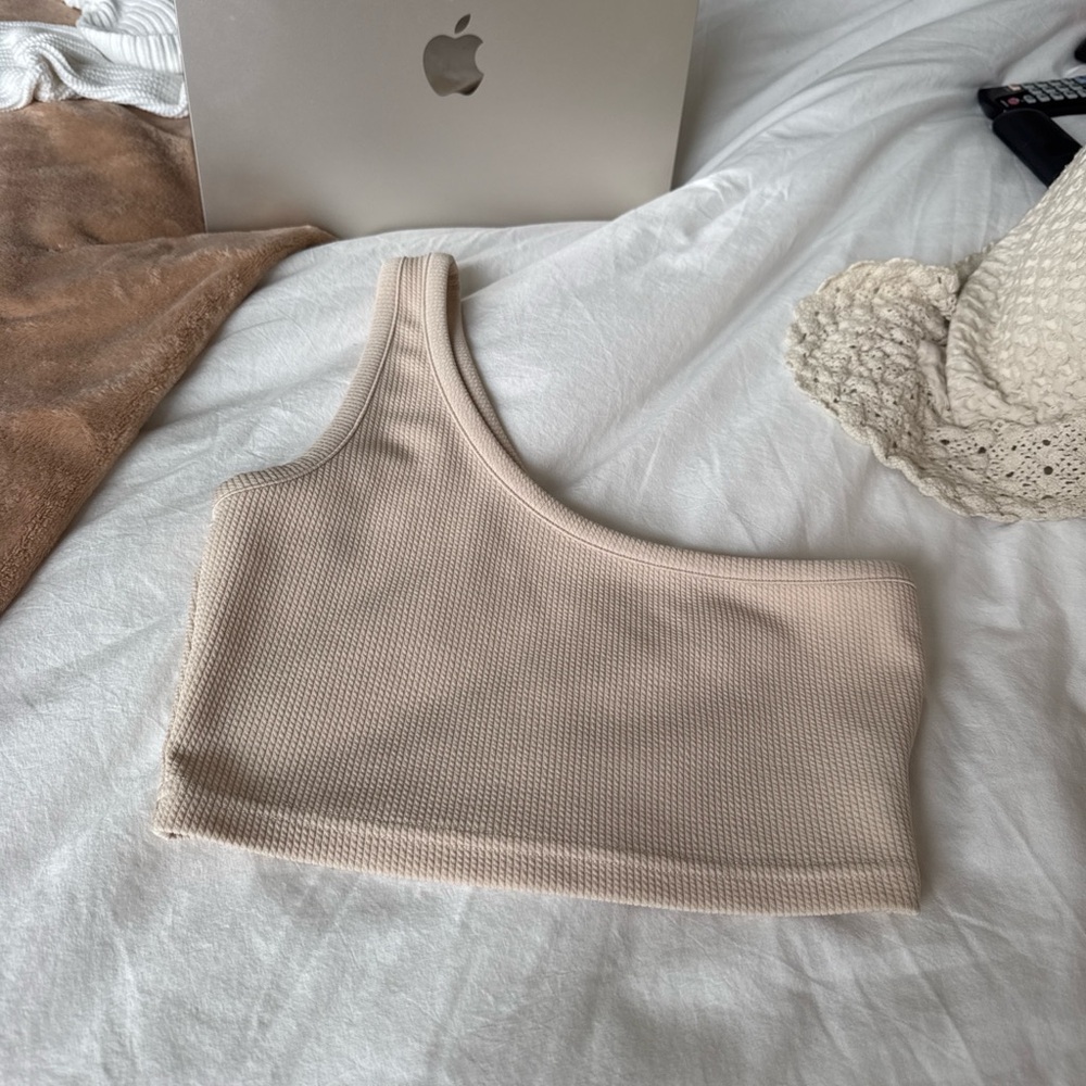 SHEIN One-Shoulder Ribbed Crop Tank Top in Light Beige